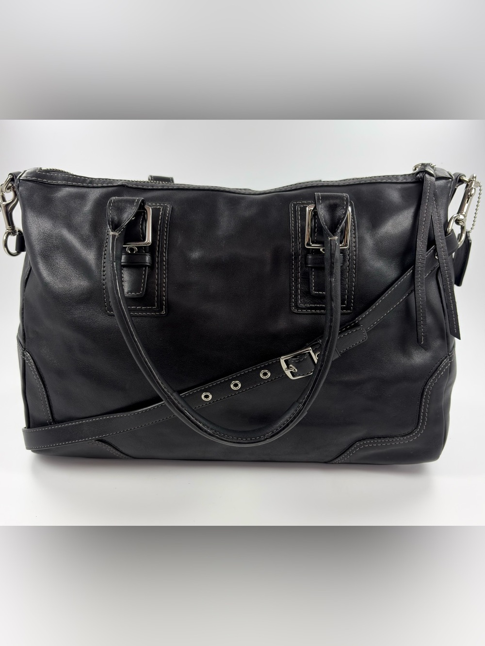 COACH Black Leather Satchel Tote Shoulder Bag Crossbody Pink Lining EUC